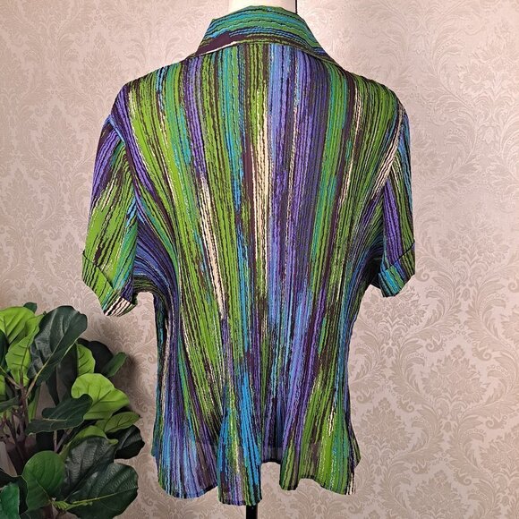 Avenue Size 18/20 Button Front Vertical Striped Sheer Peplum Blouse Short Sleeve - Picture 8 of 14